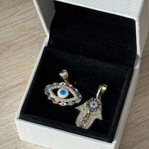 Gold Evil Eye and Hamsa Pendant Set